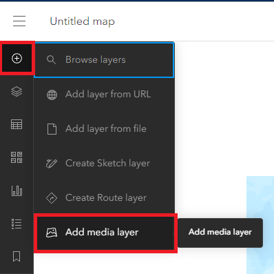 In the side menu, the add button is selected and the Add media layer is surrounded by a red box. 