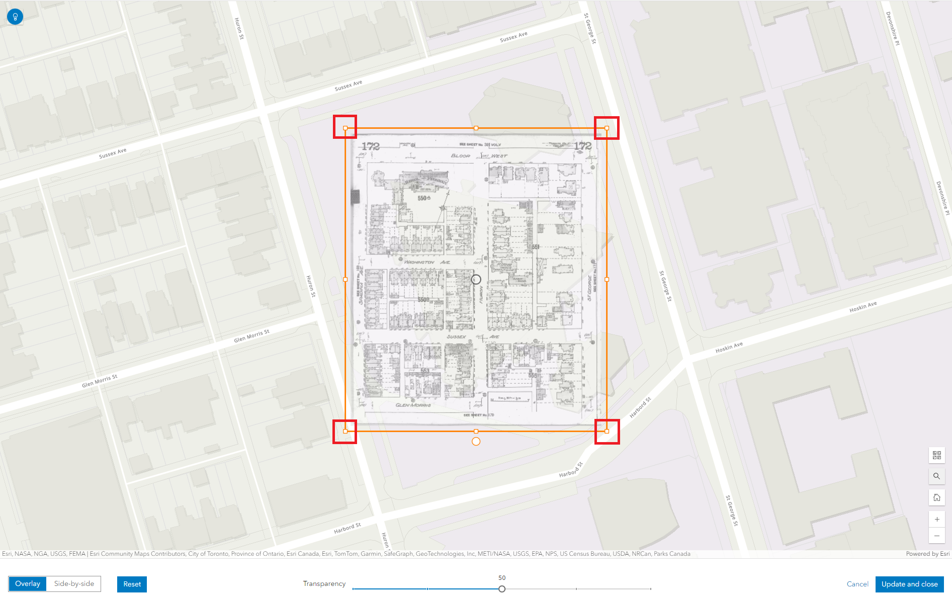 An overlay of image v2-1910-172 over a map of 130 St. George Street. The corners of the selection box are highlighted. 