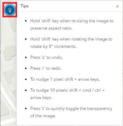 The tips button is highlighted. A list of ArcGIS Online shortcuts are in a pop up. 