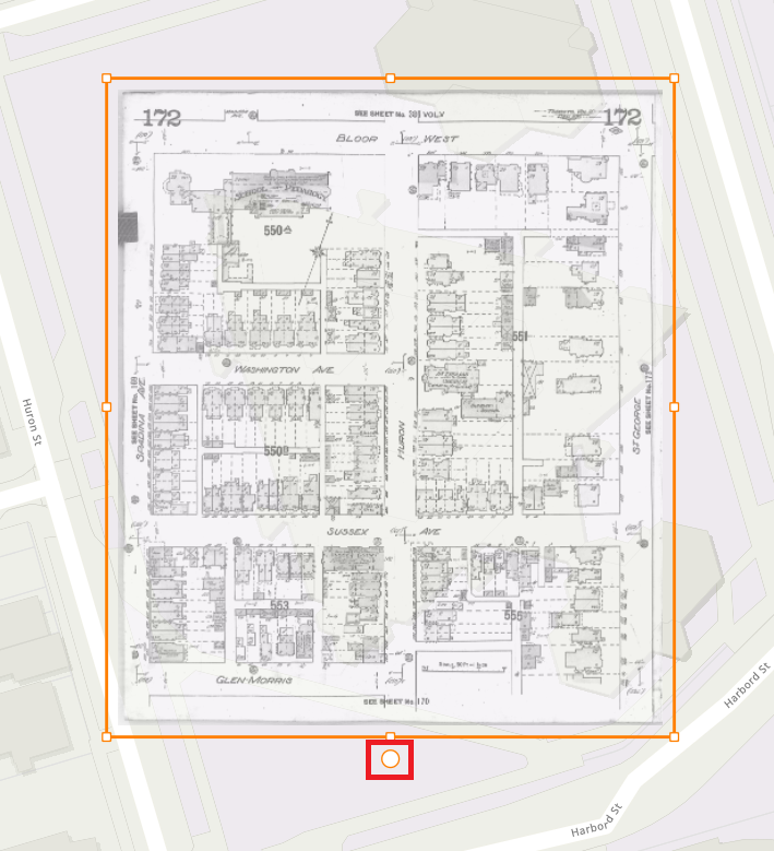 An overlay of image v2-1910-172 over a map of 130 St. George St. The rotation circle at the bottom of the image selection is highlighted. 