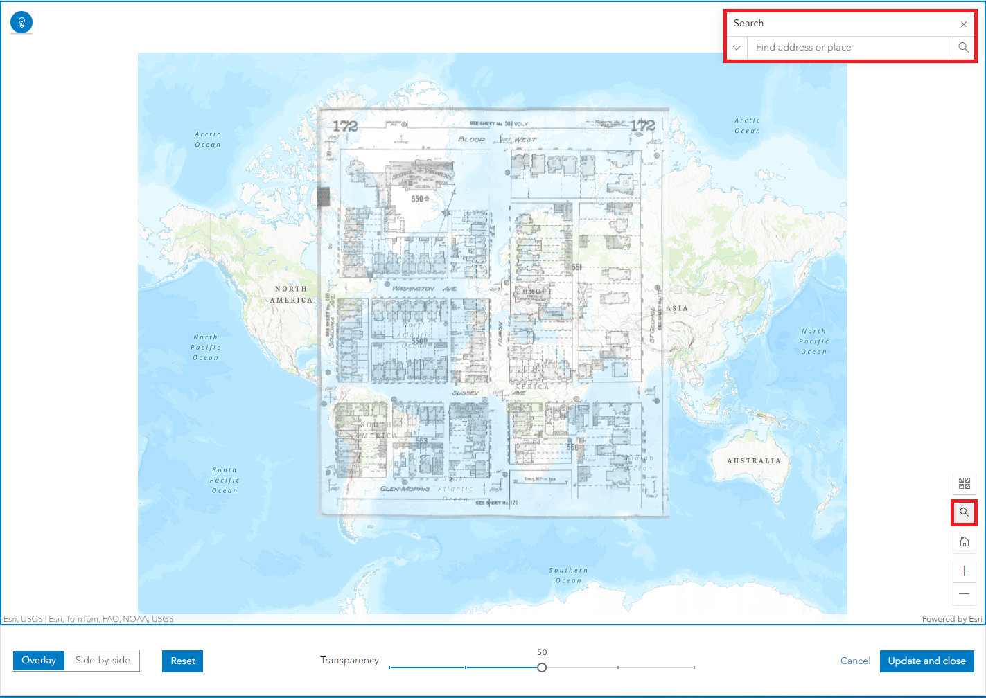 A map in ArcGIS Online with an imaged overlaid on top. The search bar is highlighted. 