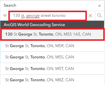 In a search bar, the words 130 st. george street toronto are surrounded by a red box. The same address below is also circled by a red box. 