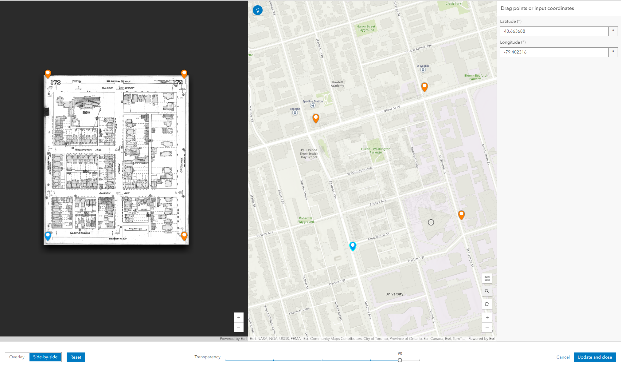 The map image is on the left. On the right is the base map. There are four control points on both images. 