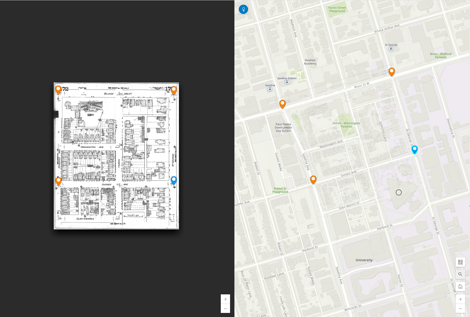 Four control points are lined up on four intersections in both the base map and the image. 