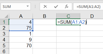 Cell c1 now contains =sum(a1:a2) 