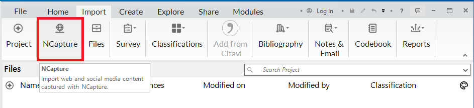 NVivo with the import ribbon open and the NCapture option highlighted. 