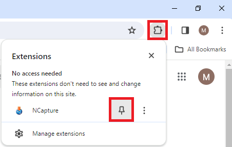 Chrome extensions menu with the pin icon for NCapture highlighted.