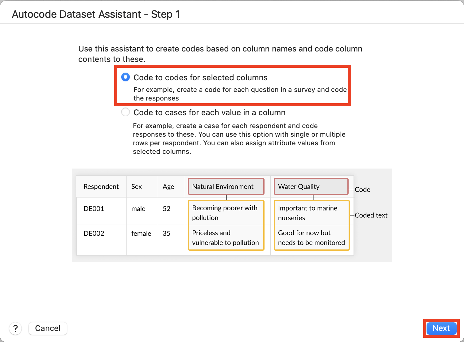 Auto Code Dataset Assistant step 1 with the Code at codes for selected columns option selected and highlighted, and with Next highlighted.