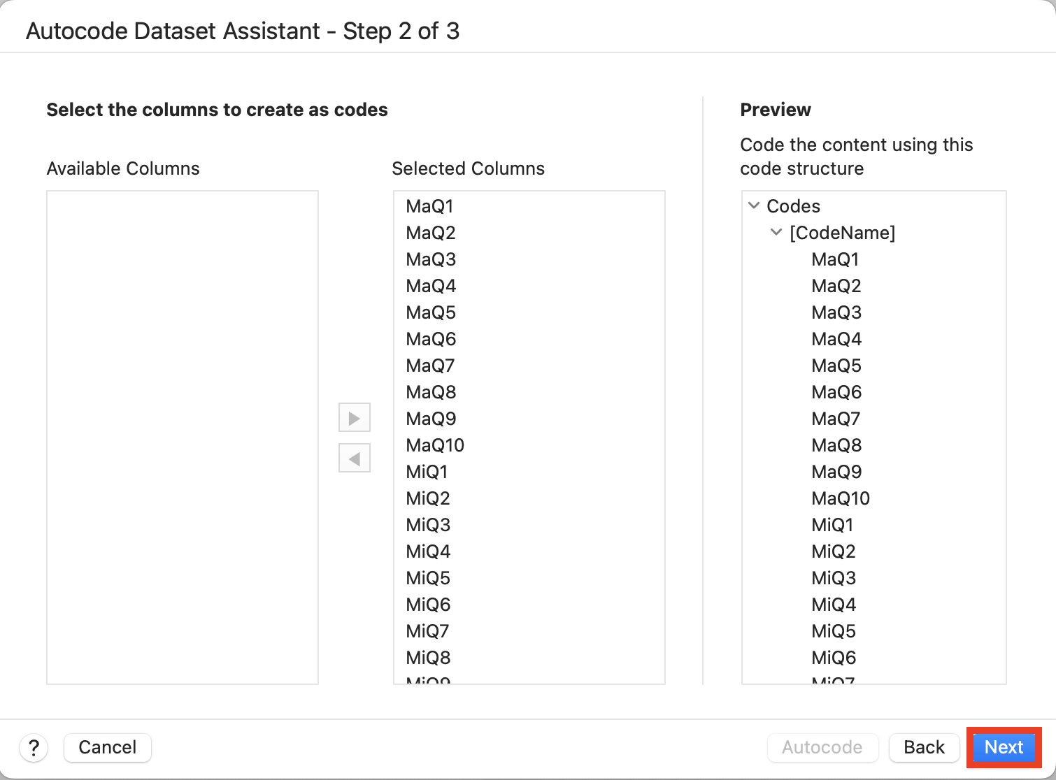 Auto Code Dataset Assistant step 2 with Next highlighted.