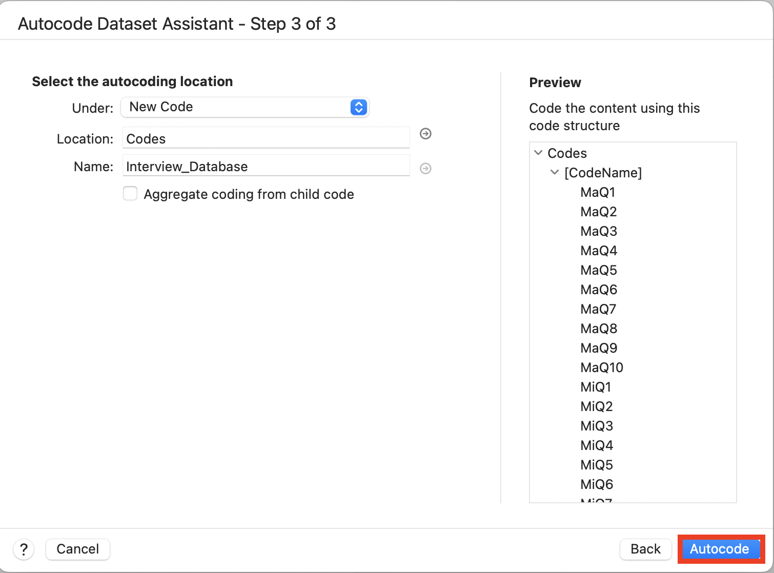 Auto Code Dataset Assistant step 3 with the Auto Code button highlighted.