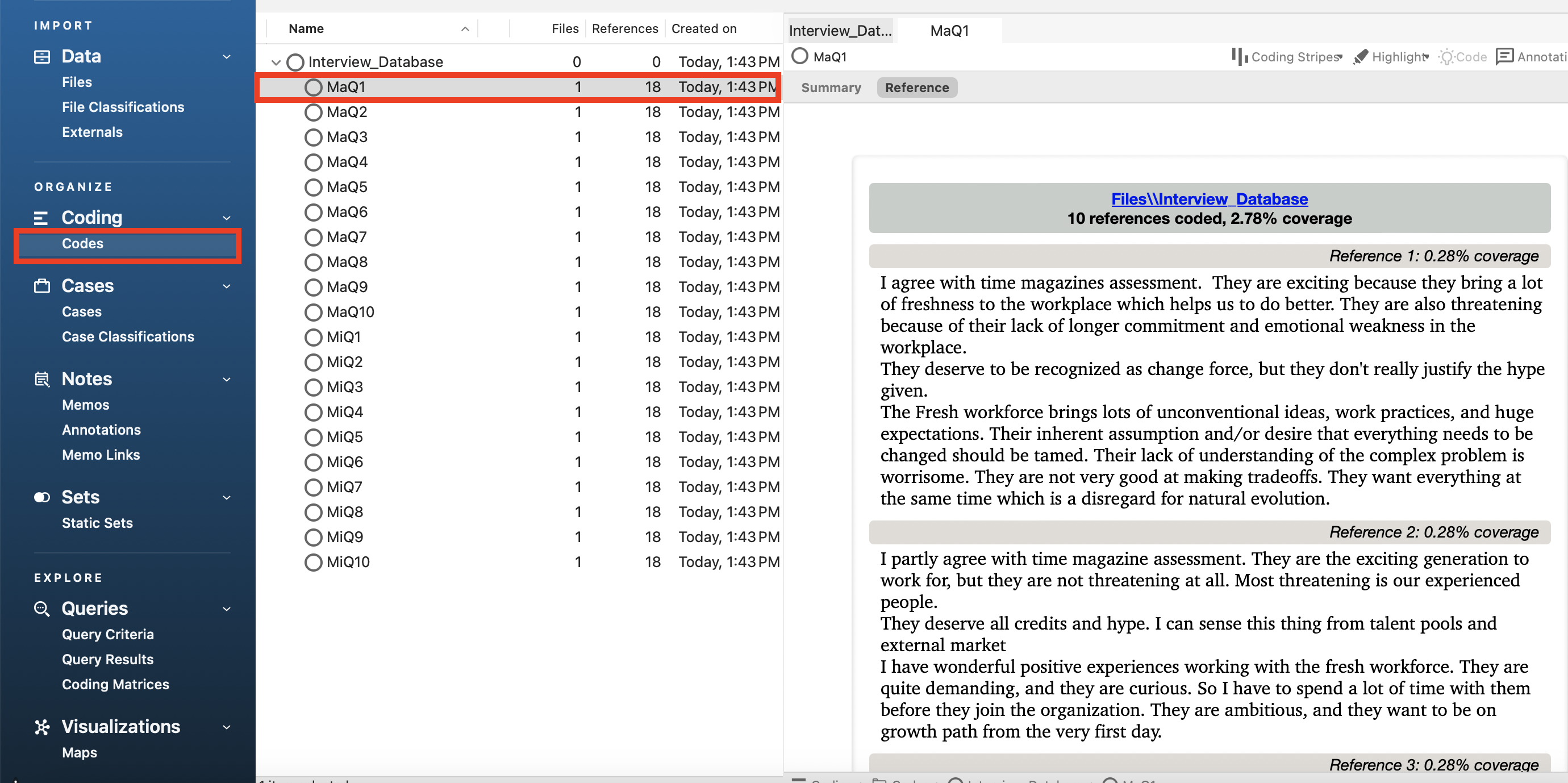 The Codes folder opened with "Interview_Database" expanded and one of the Codes opened.