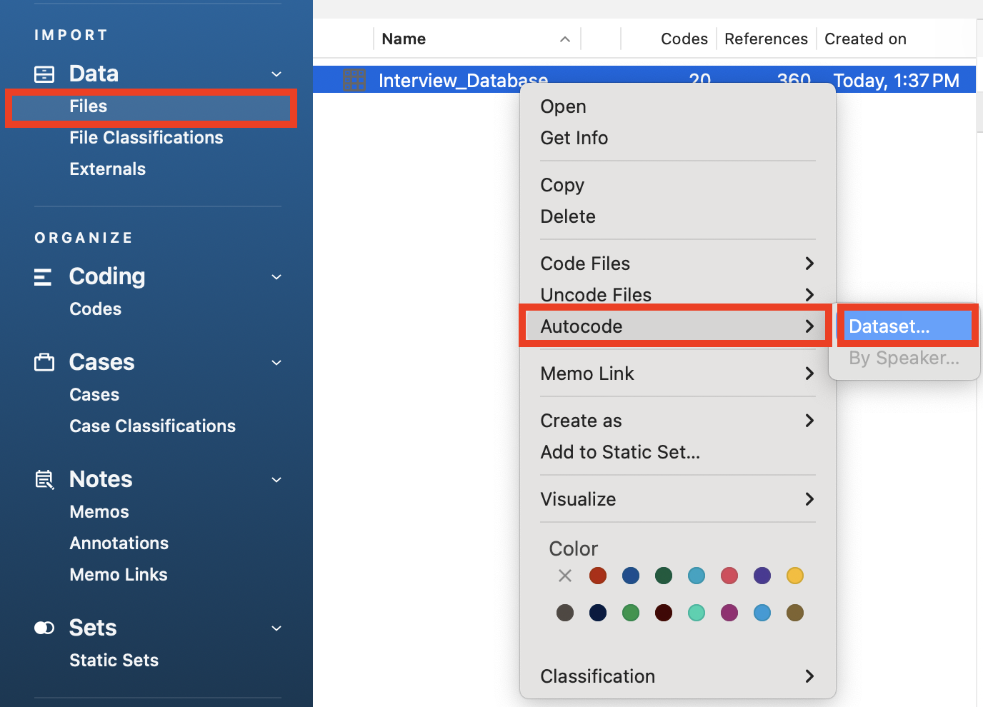 The files folder highlighted and opened with the context menu for "Interview_Database" opened. The Auto Code option highlighted a its menu open with Dataset... highlighted. 