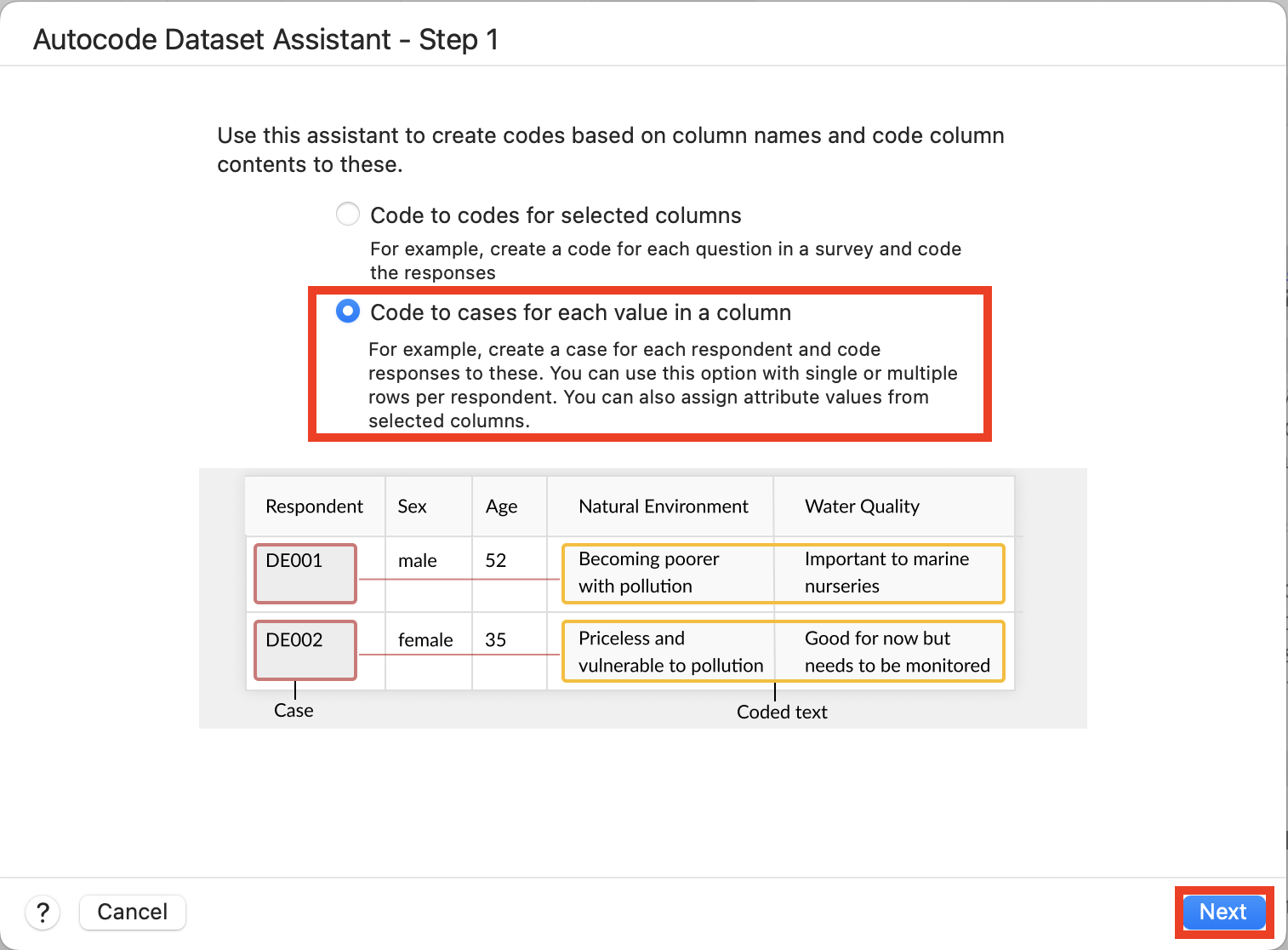 Auto Code Dataset Assistant step 1 with the Code to cases for each value in a column option selected and highlighted, and with Next highlighted.