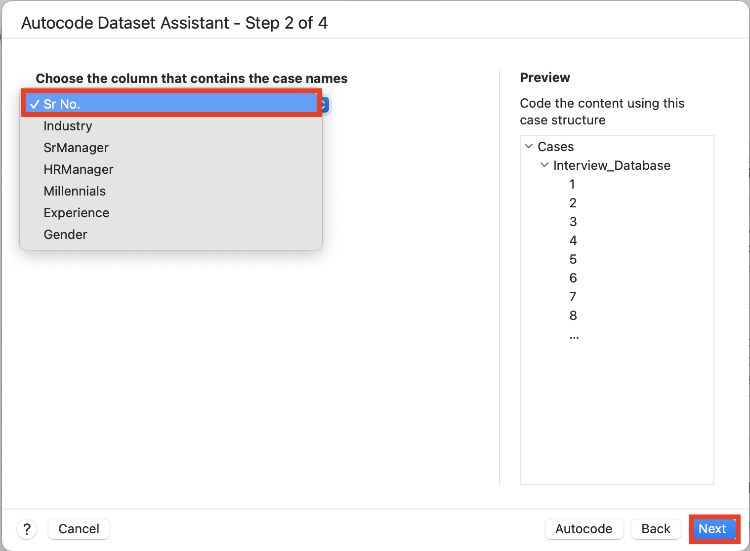 Auto Code Dataset Assistant step 2 with Sr No. selected from the drop-down menu and Next highlighted.