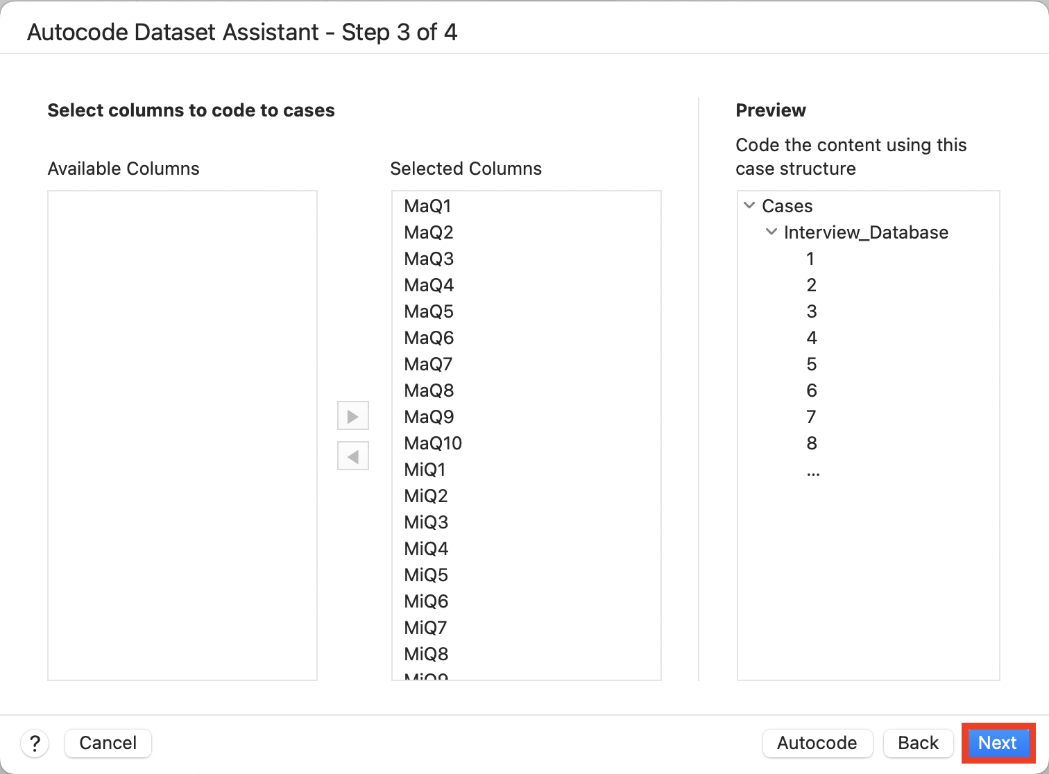 Auto Code Dataset Assistant step 3 with Next highlighted.