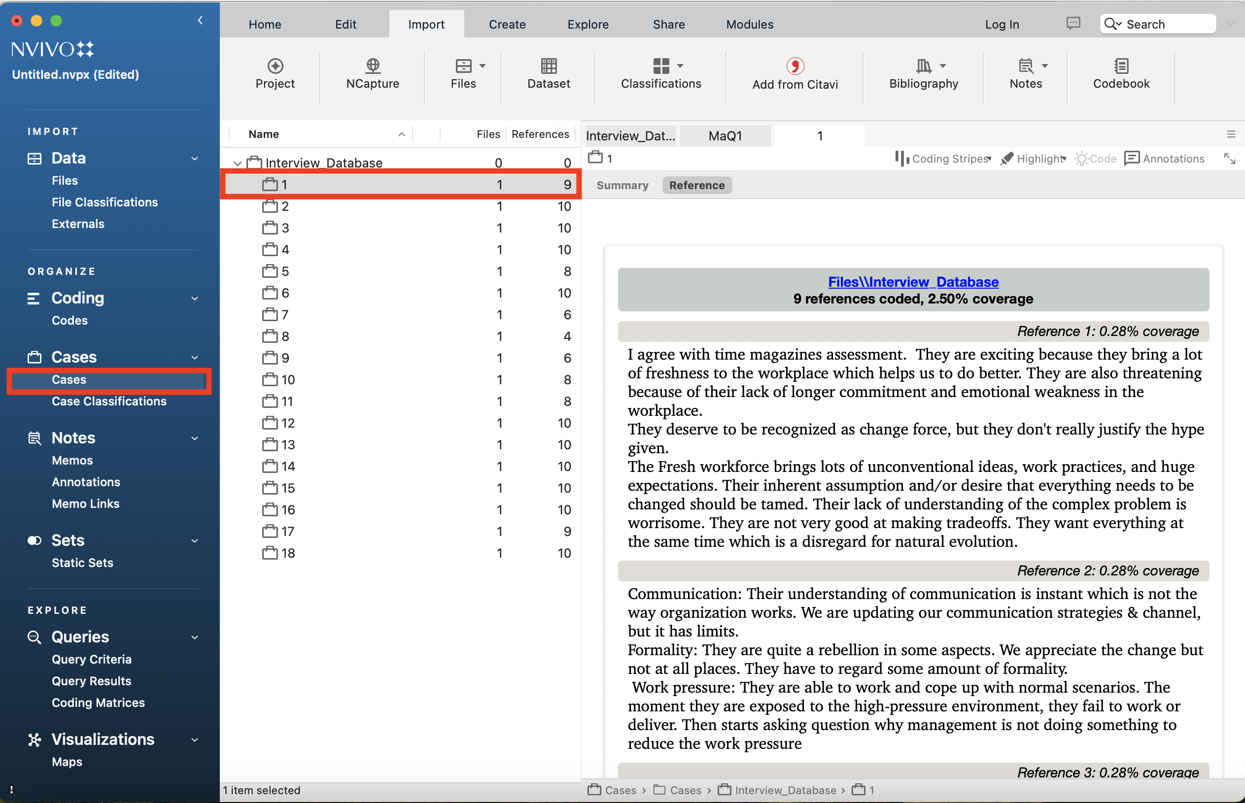 The Cases folder opened with "Interview_Database" expanded and one of the Codes opened.