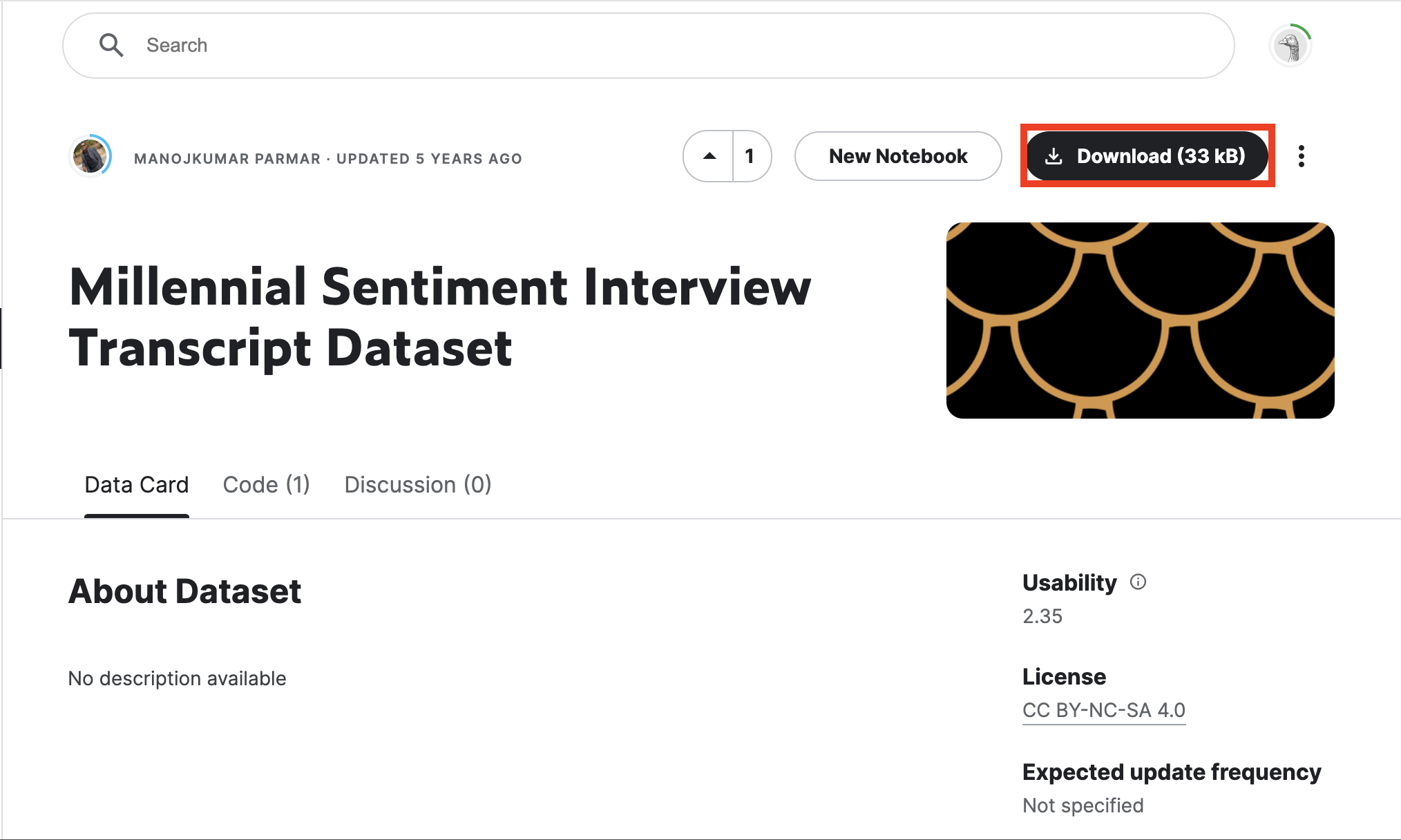 Kaggle page with Millennial Sentiment Interview Transcript Dataset. Download button highlighted.