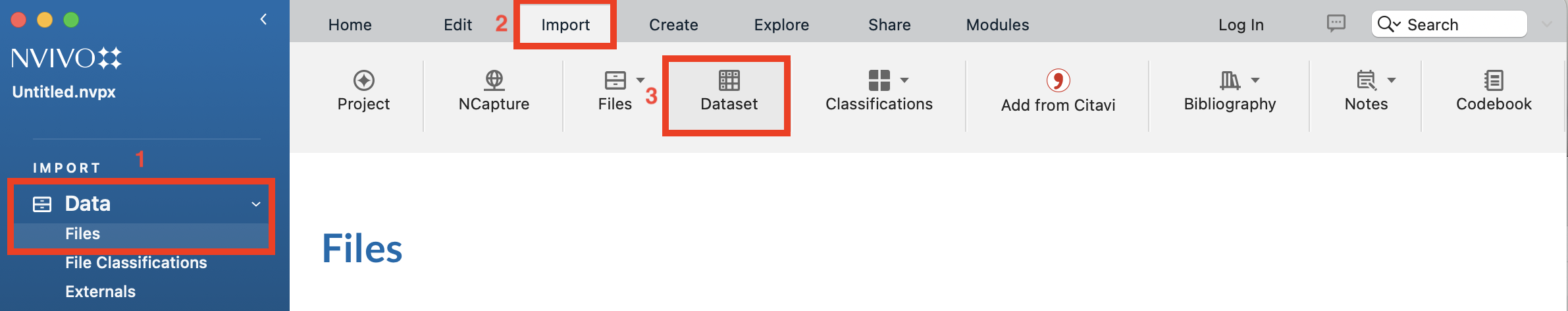 The Data menu is highlighted, along with Files, which is selected. Under the Import tab, Dataset is selected and highlighted. 