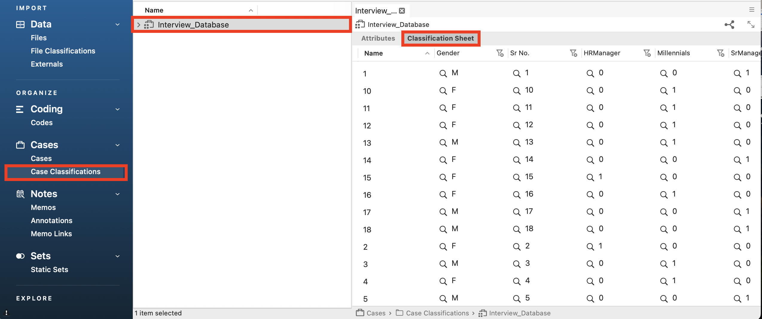 The Case Classification folder opened with "Interview_Database" open and the Classification Sheet tab selected. .