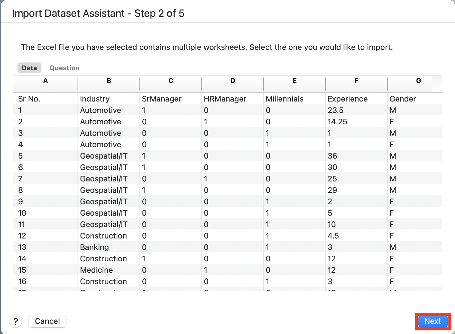 Import Dataset Assistant step 2 with Next highlighted. 