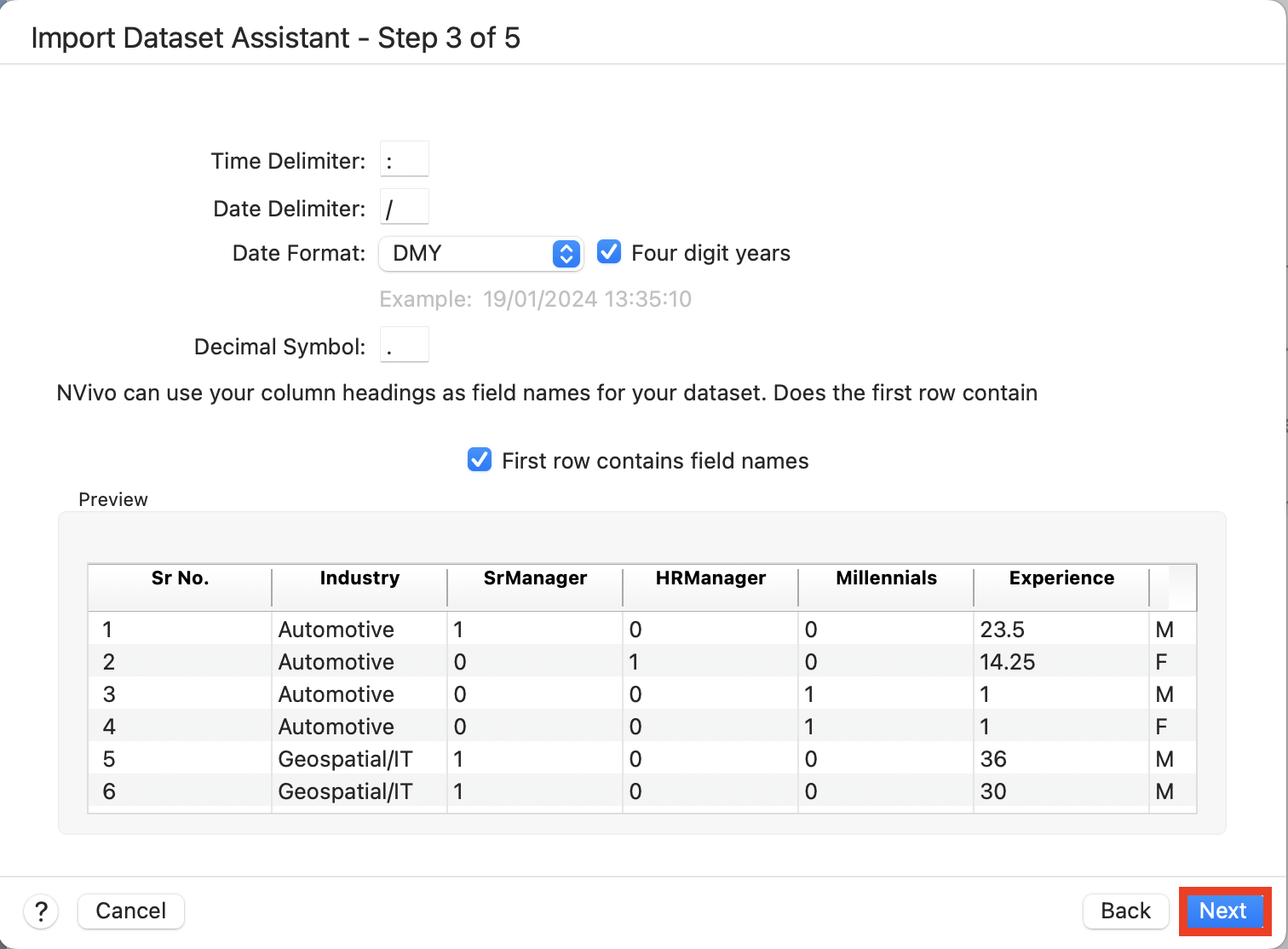 Import Dataset Assistant step 3 with Next highlighted. 