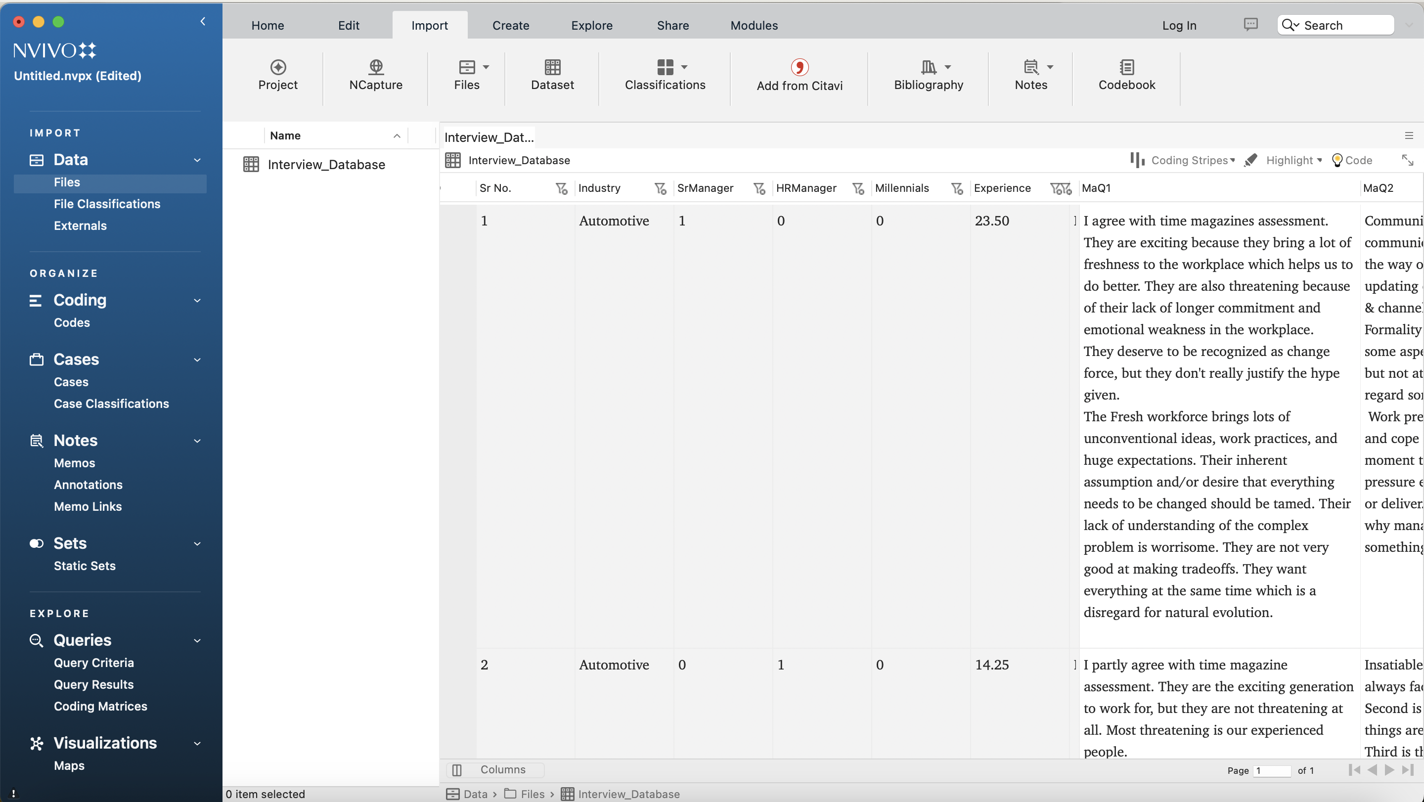 The imported "Interview_Database" file as a spreadsheet opened in NVivo.