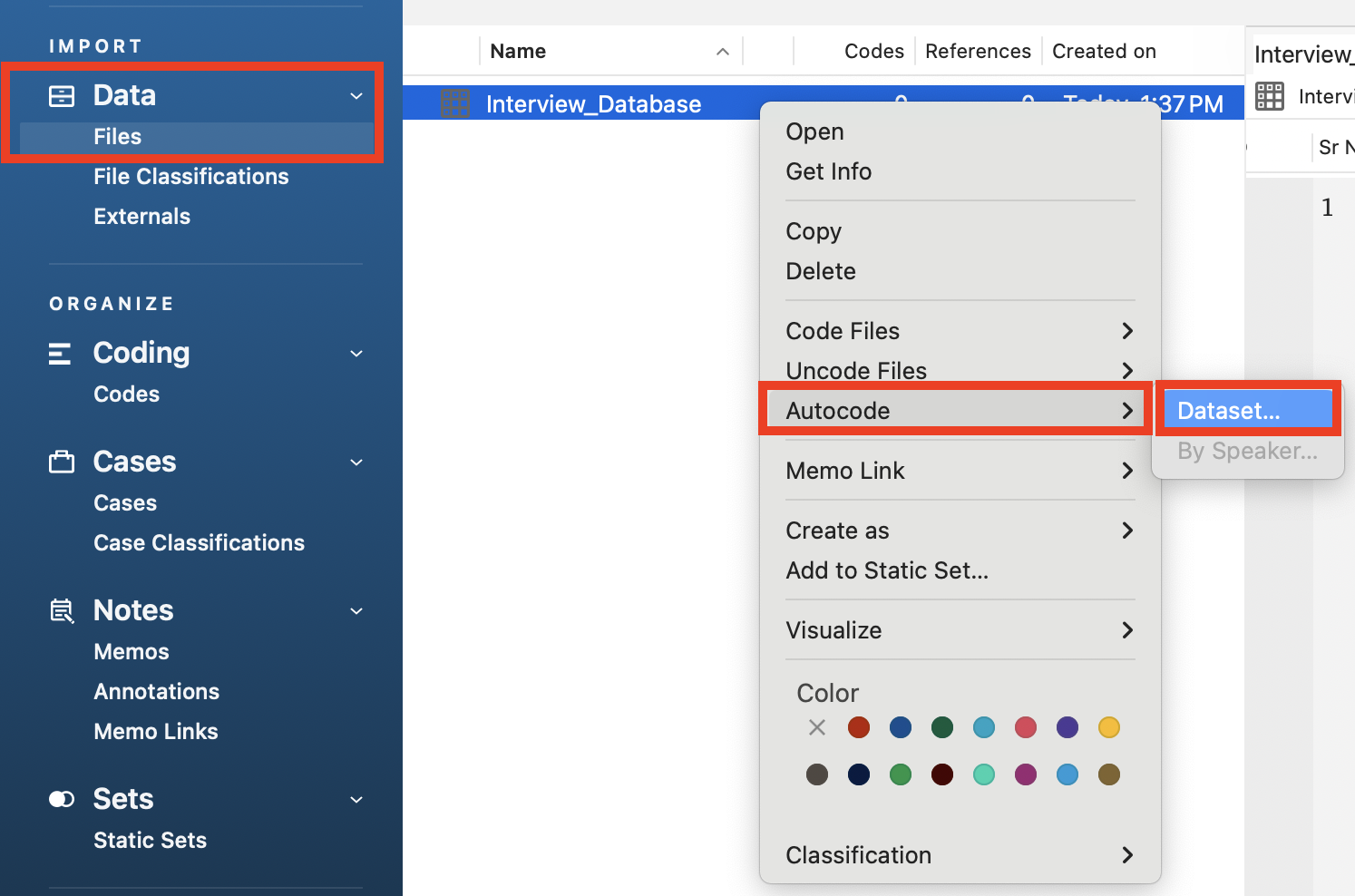 The files folder highlighted and opened with the context menu for "Interview_Database" opened. The Auto Code option highlighted a its menu open with Dataset... highlighted. 