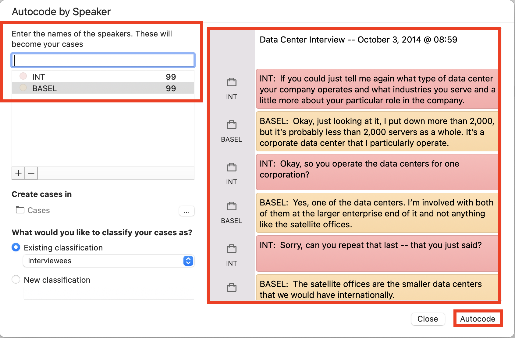 Under Enter the names of the speakers, INT and BASEL have been entered. On the right the interview text has been assigned corresponding colors according to the speaker. Both areas are outlined in Red. Auto Code is highlighted.