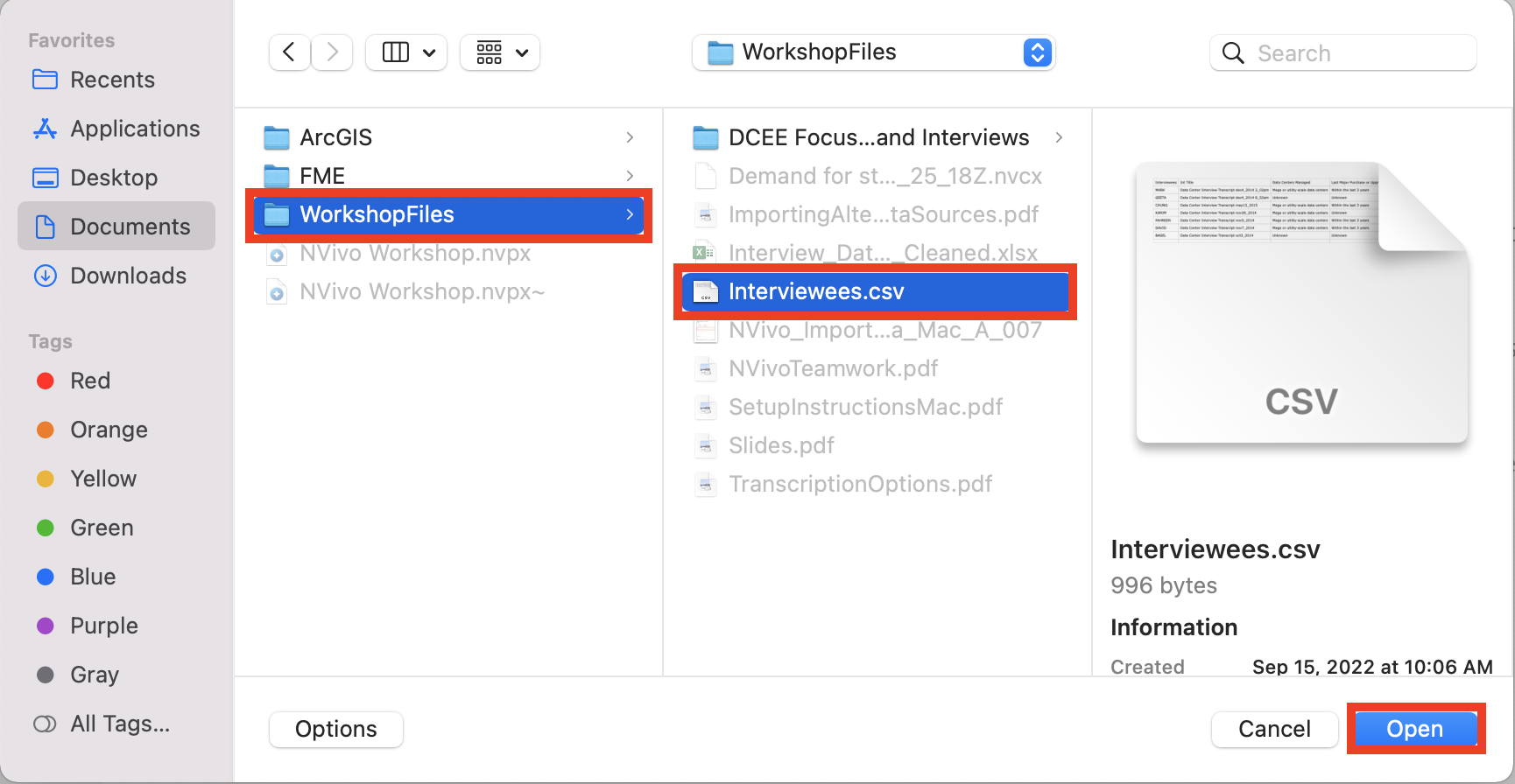 Finder with Workshop Files opened and Interviewees.csv selected. Open highlighted.