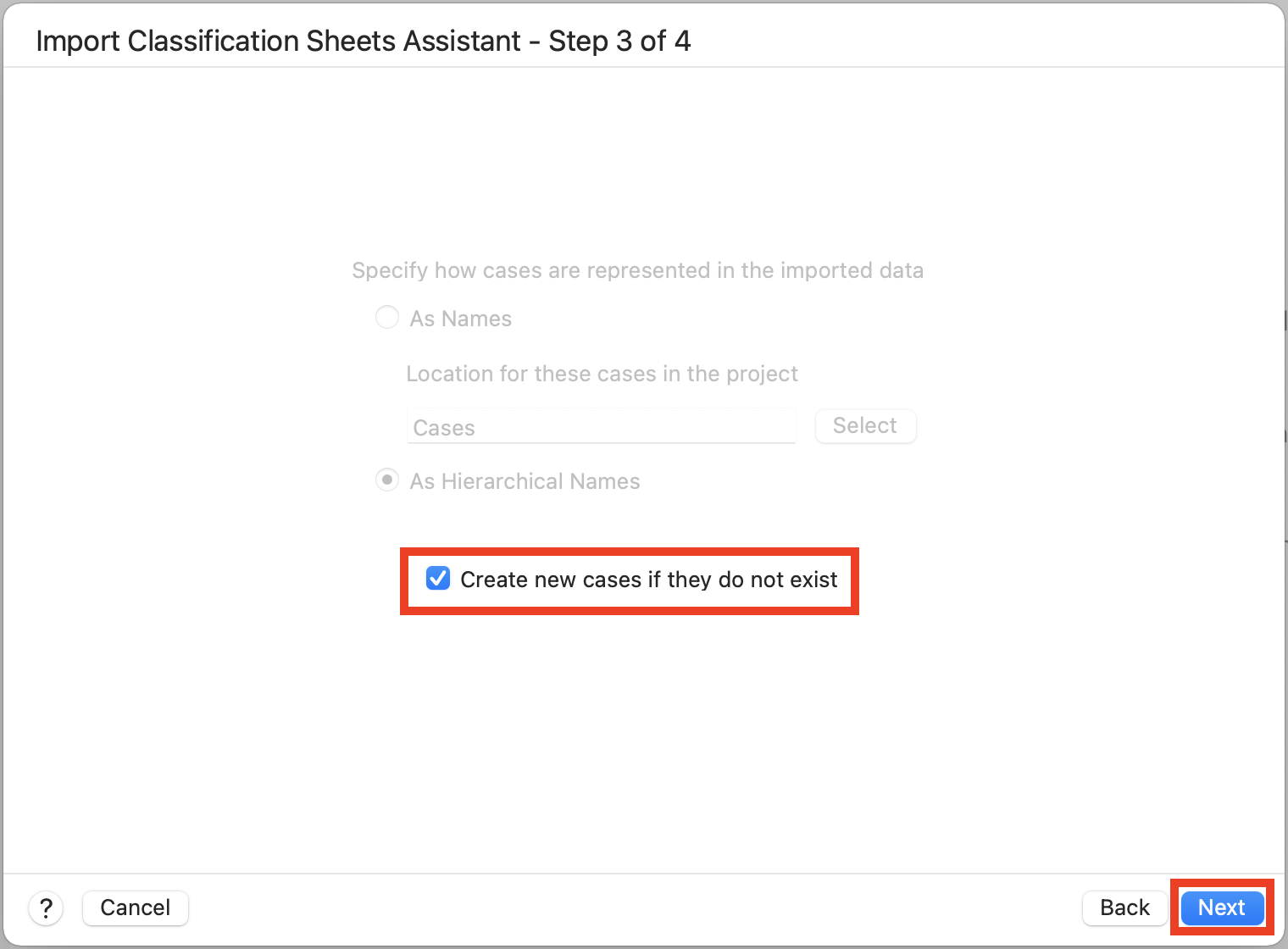 Import Classification Window with box checked off for Create new Cases if they do not exist. Next highlighted.