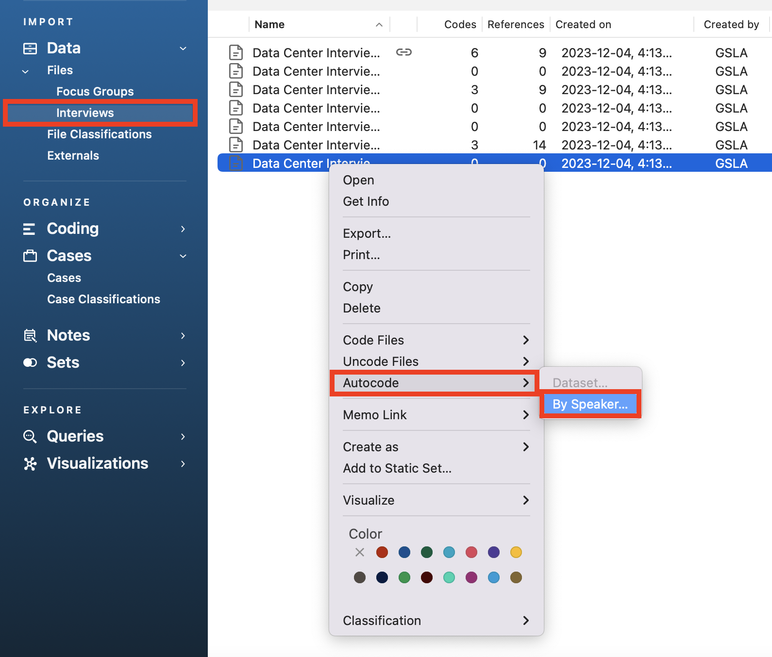 In the interviews folder, a context menu for the last transcript is open. Auto Code highlighted and its side pop-up menu open with by By Speaker... outlined in red.