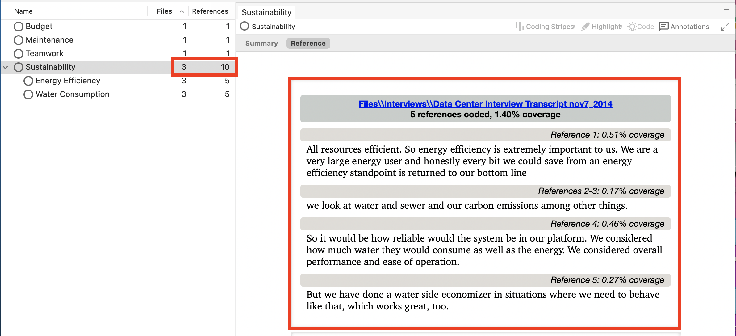 The Sustainability code opened, with all the references from child codes visible.