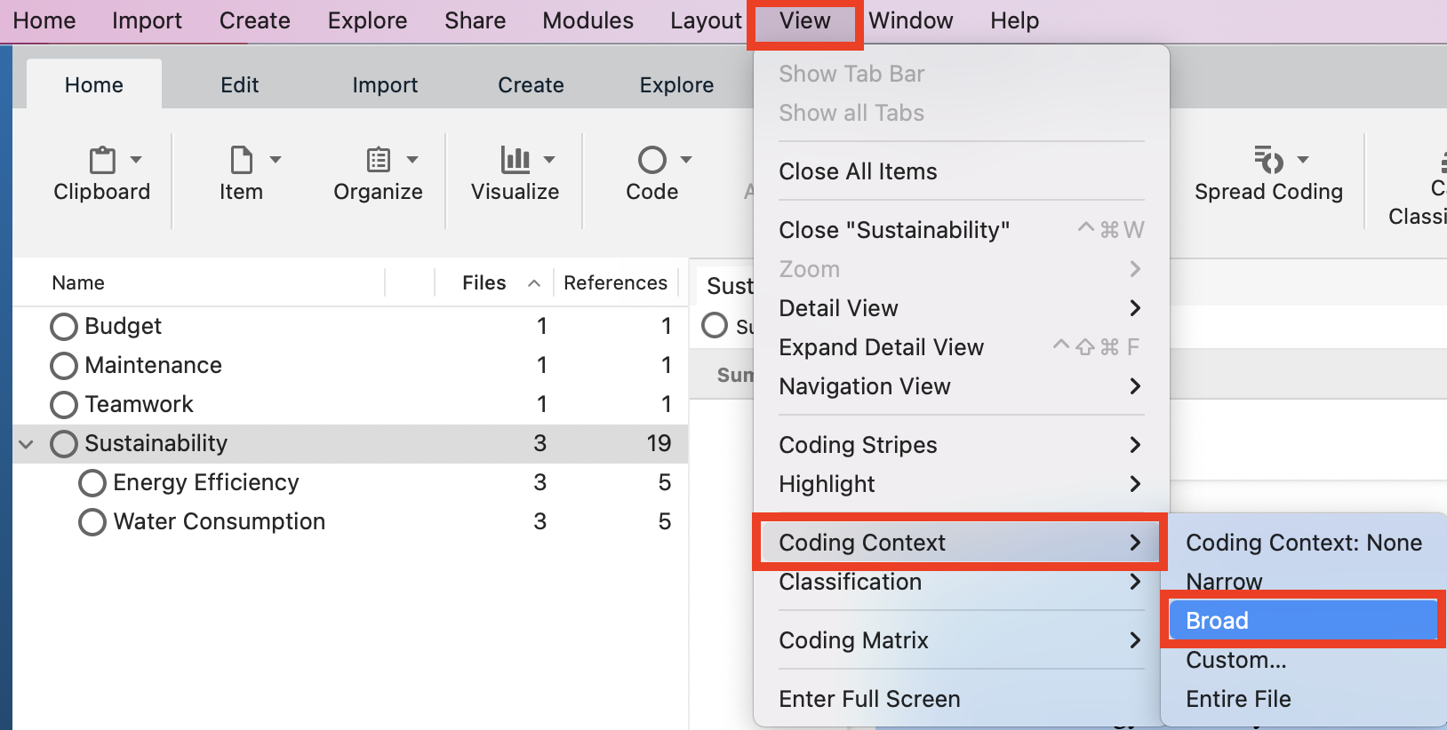 View menu drop down is selected, followed by coding context and broad 