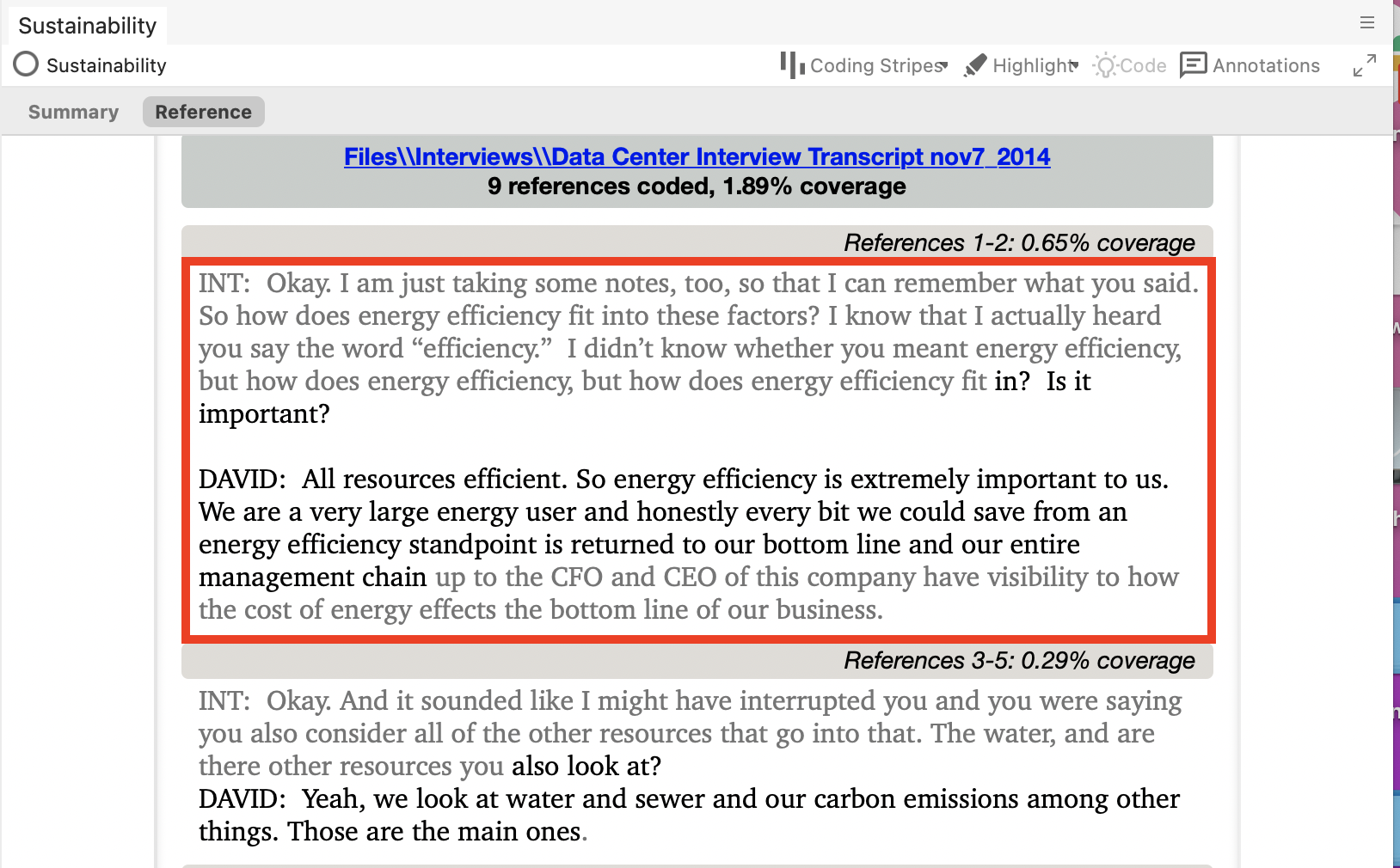 The Sustainability code opened, with grey text above and below each reference. One example outlined in red.