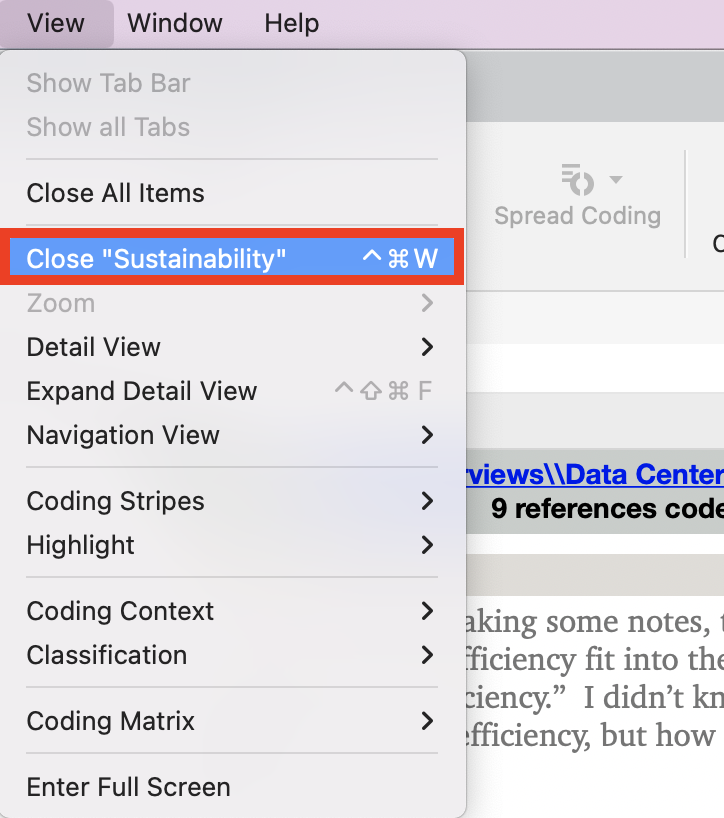 Within the view tab from the mac menu bar, Close Sustainability is selected. 