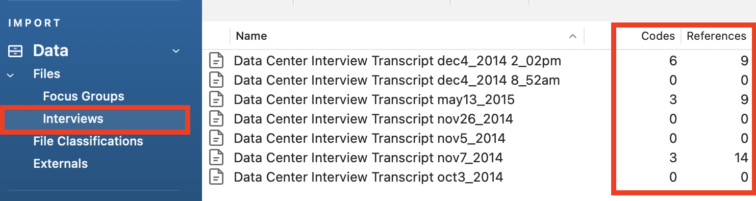 In the interviews folder, the codes and references columns are outlined.