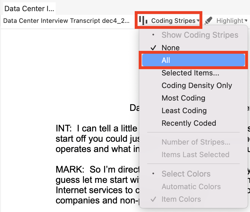 Under the selected file, Coding stripes and All are selected. 