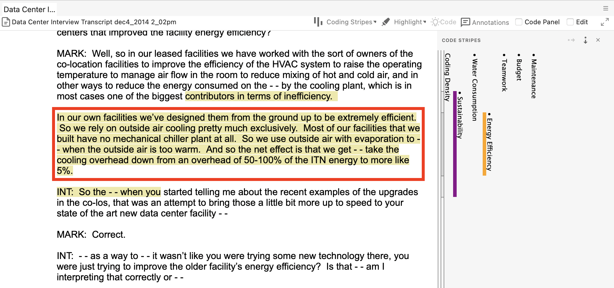 The coded transcript text is highlighted in yellow and outlined with a red box.