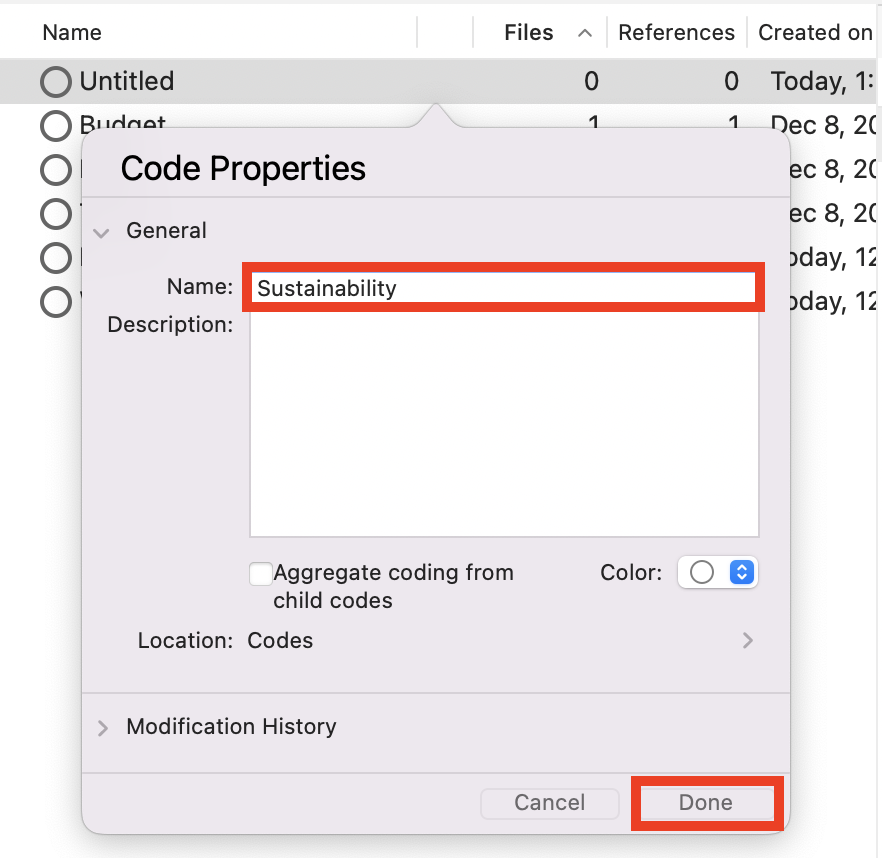 Code properties for a new code with the name field completed with Sustainability and Done highlighted. 