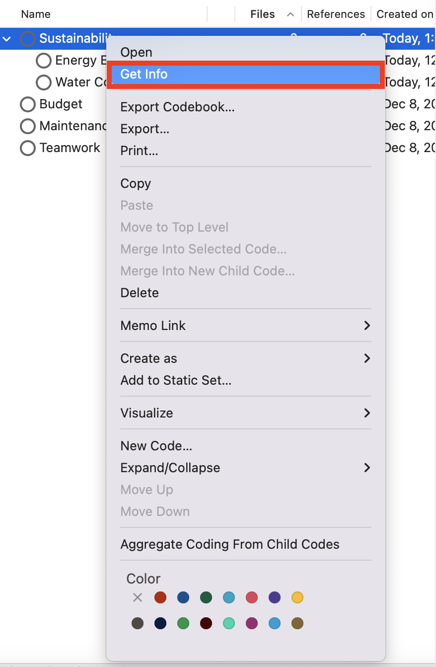 Context menu for the Sustainability code with a red box around get Info.