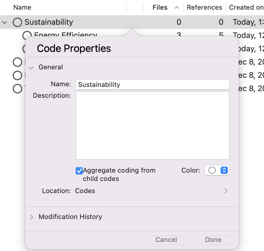 Code properties for the Sustainability Code, with Aggregate coding for children box outlined and checked.