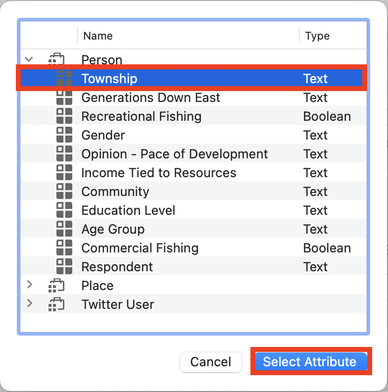 Attribute list with Person highlighted and expanded and under it Township highlighted and selected. Select Attribute highlighted.