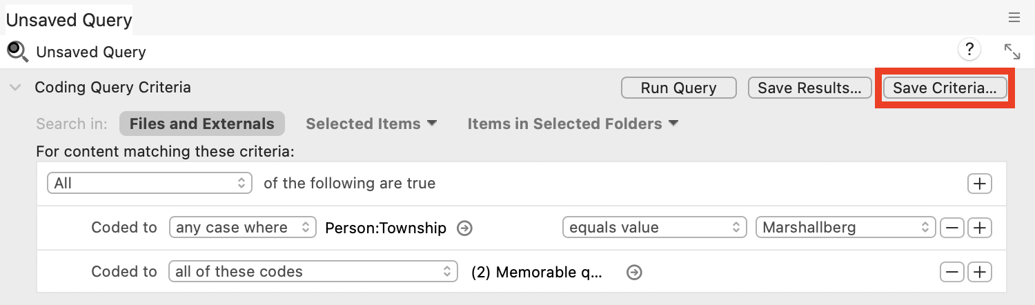 In the Coding Query Window, a red box around Save Criteria...