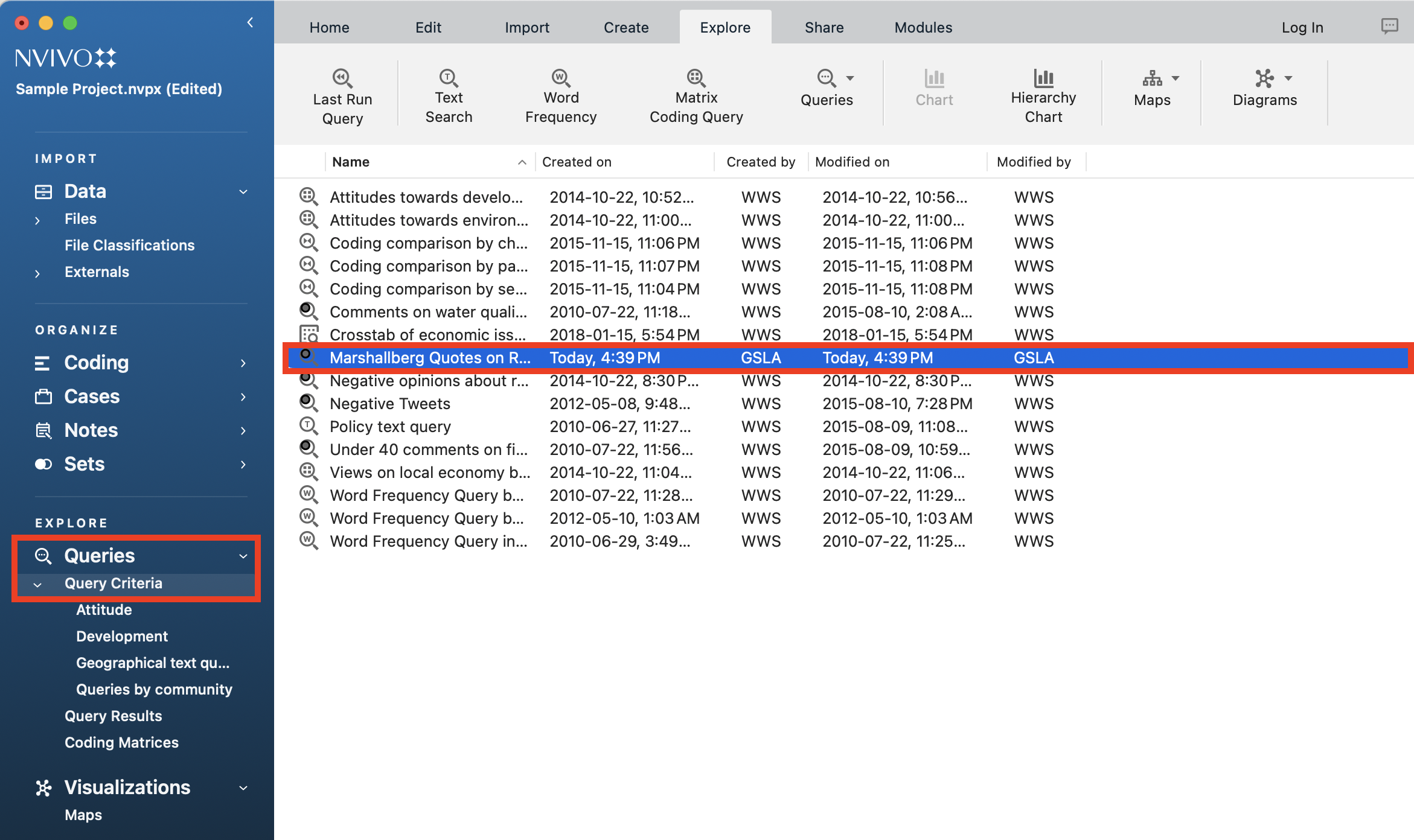 In the left menu, under Explore, a red box around Queries and Query Criteria. In the Queries list, a red box around Mashallberg Quotes on Real Estate. 