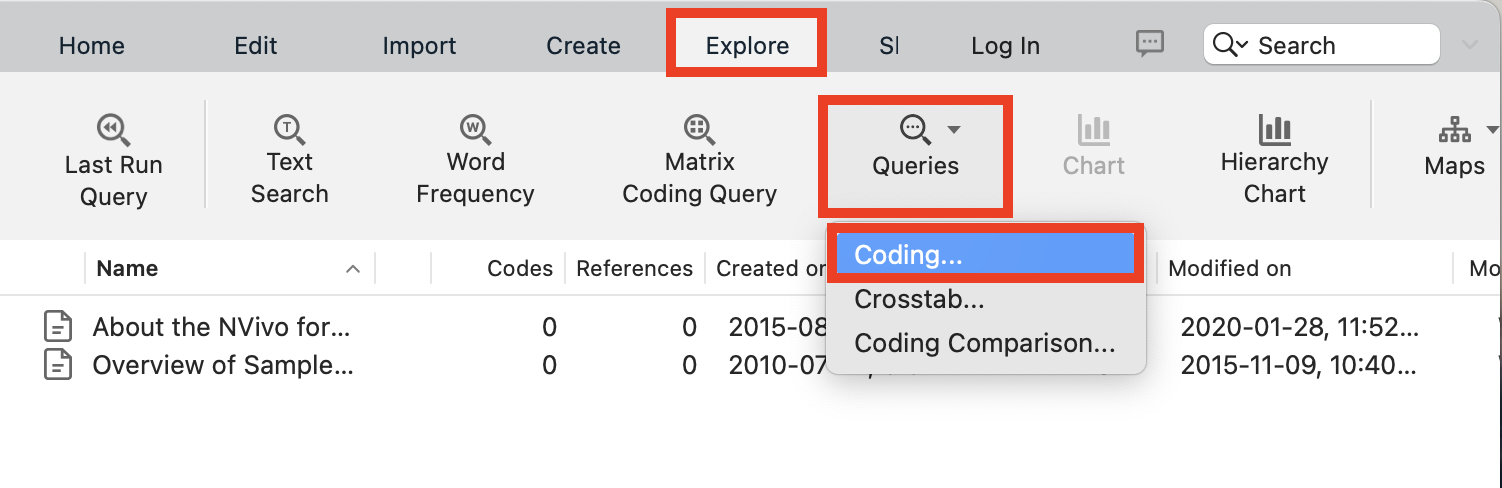 Explore menu, with Queries and Coding highlighted