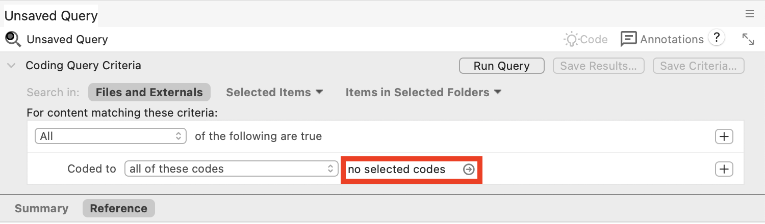 Coding query window with no selected codes highlighted.