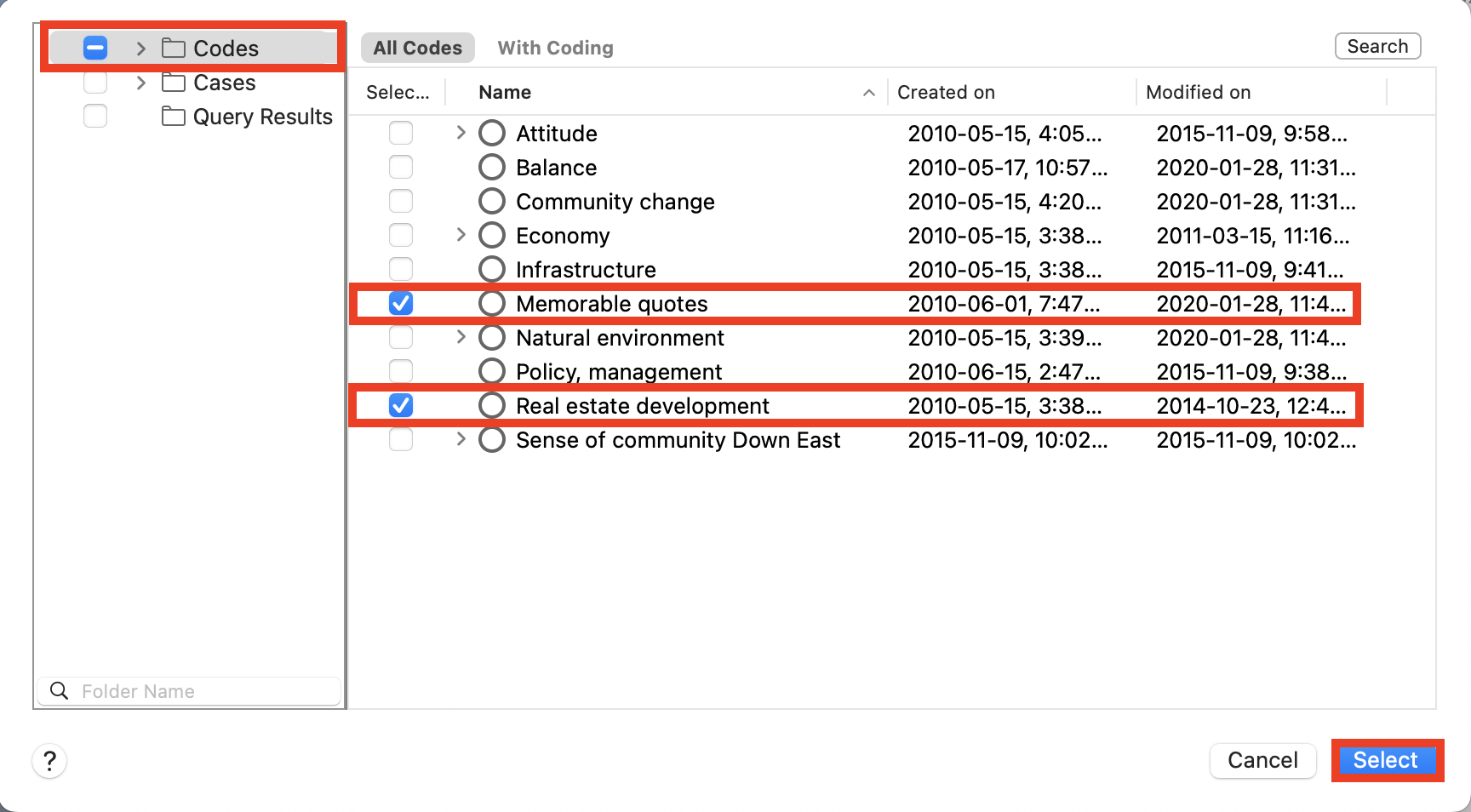 Expanded Files folder tree with the Codes folder open and Memorable quotes and Real Estate development selected and outlined in red. Red box around Select.