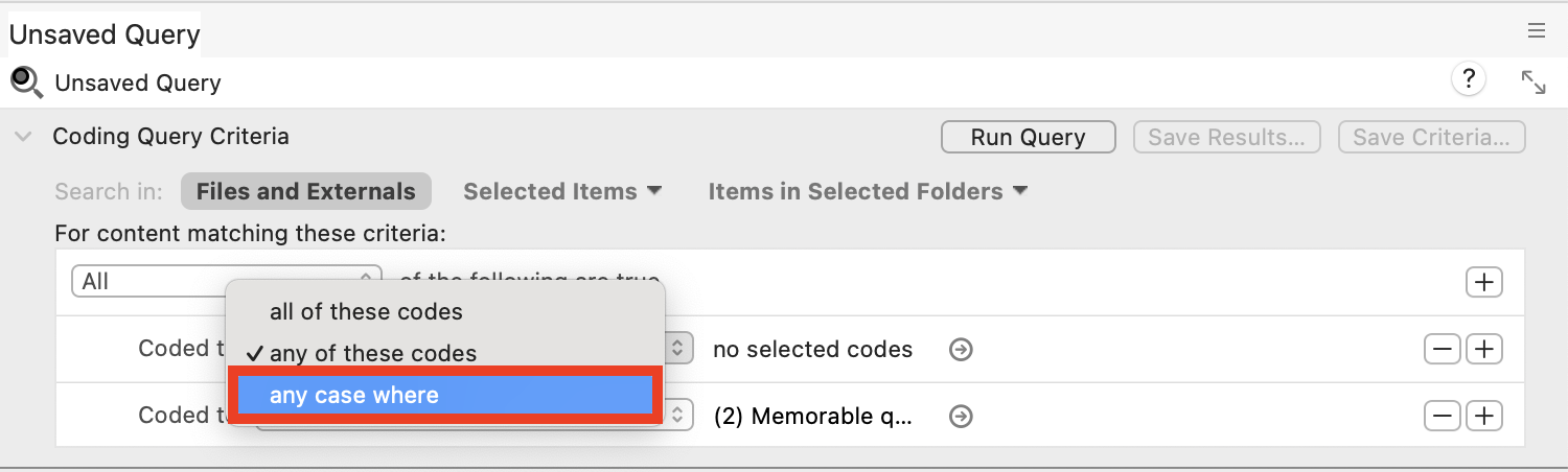 The code or case dropdown menu outlined in red with Any case where selected.
