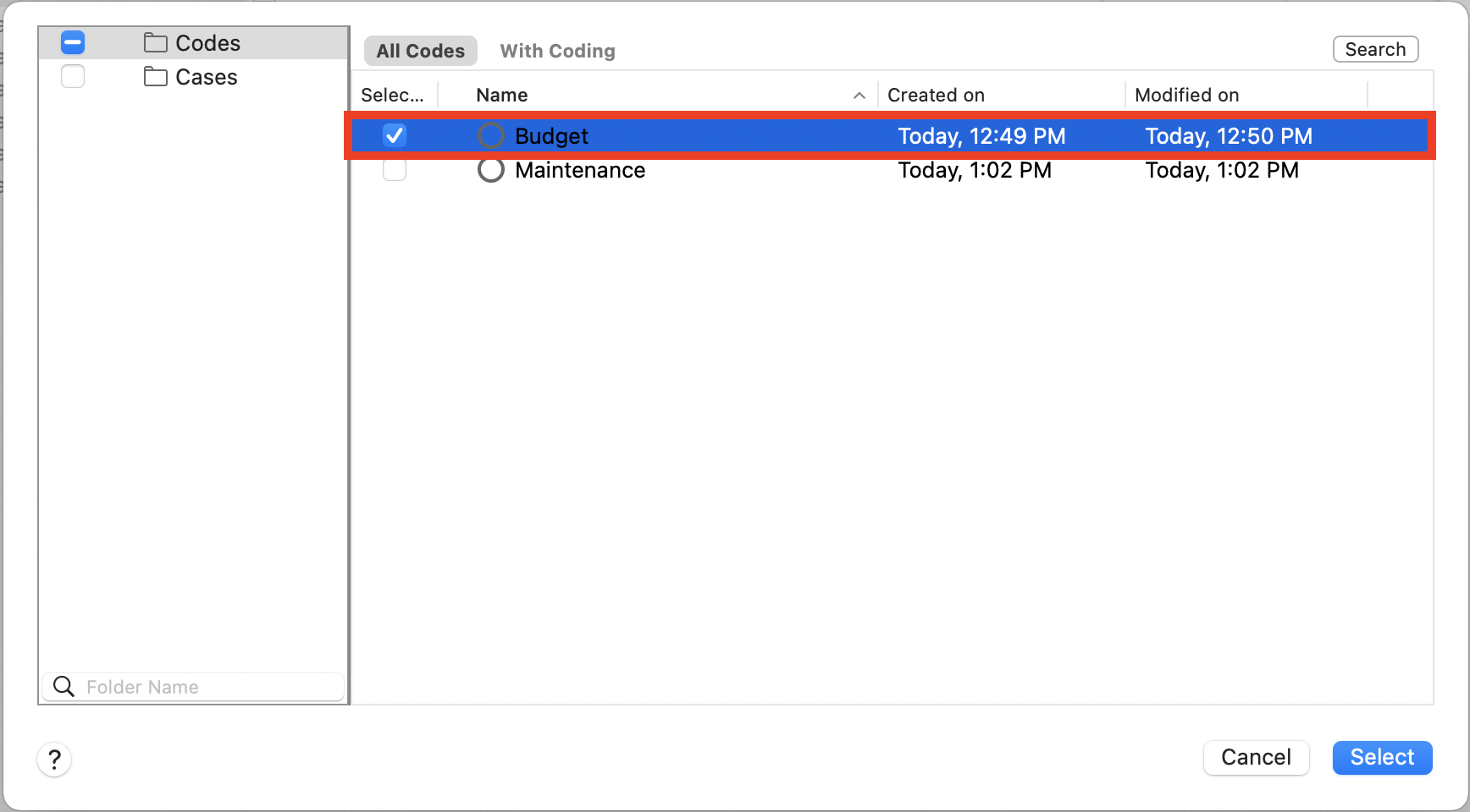 New code window with the budget node selected