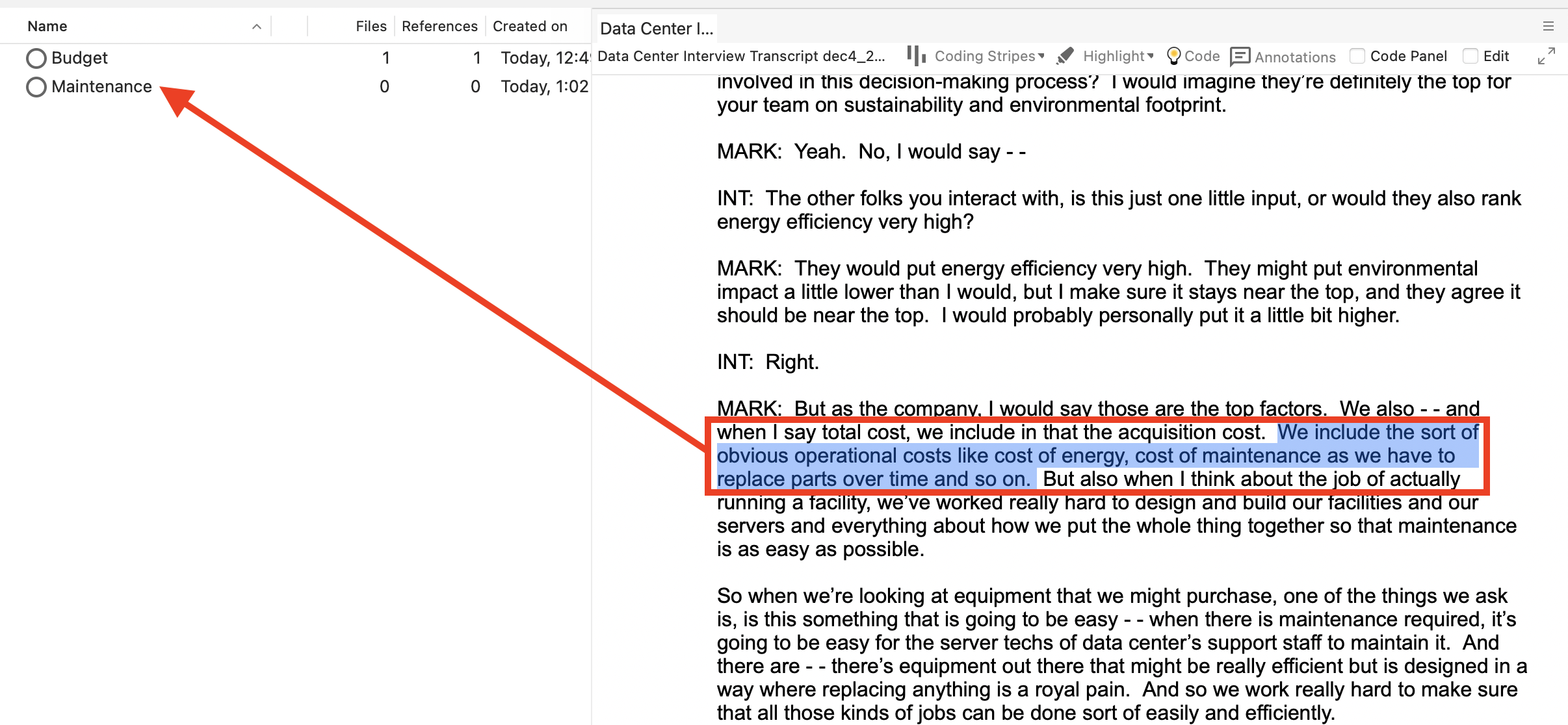 Some interview text selected, with with a rex box around it and an arrow pointing to the Maintenance code.